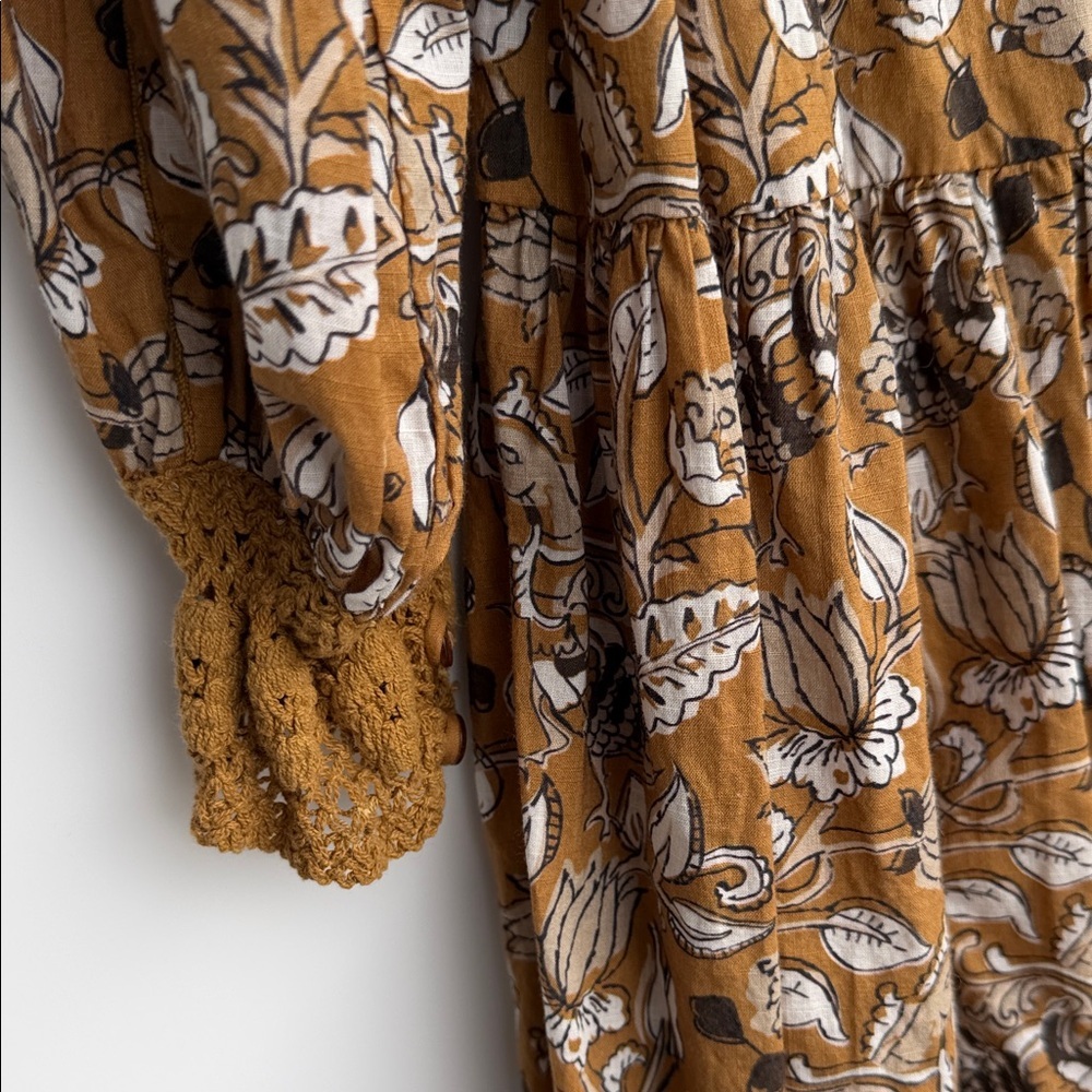 Anthropologie Floral Tiered Cottagecore Boho Dress Petite 6P Mustard Botanical - Picture 9 of 16